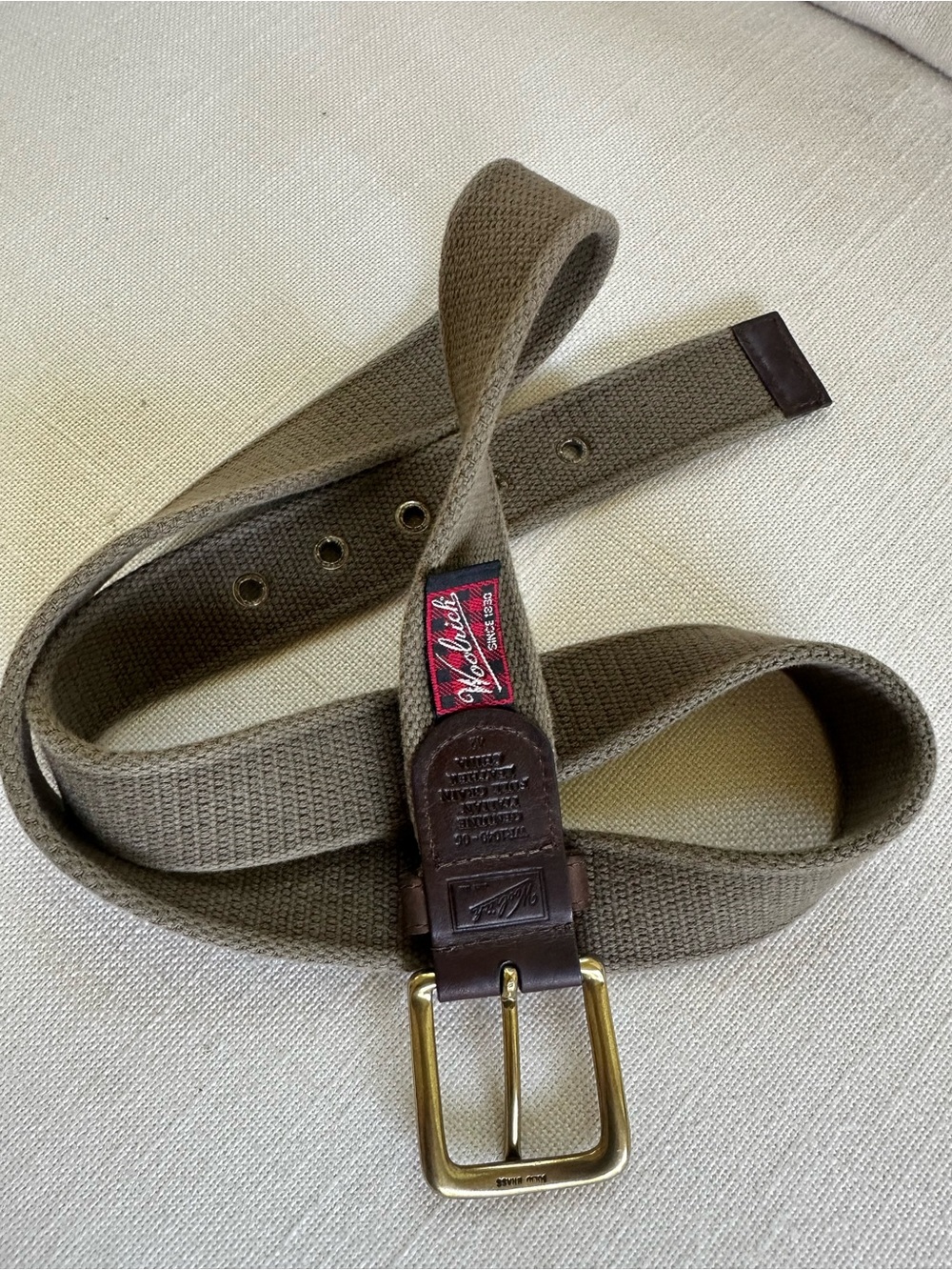 Woolrich 42 Brown Canvas Leather Belt Brass Buckle Italian Full Grain Leather